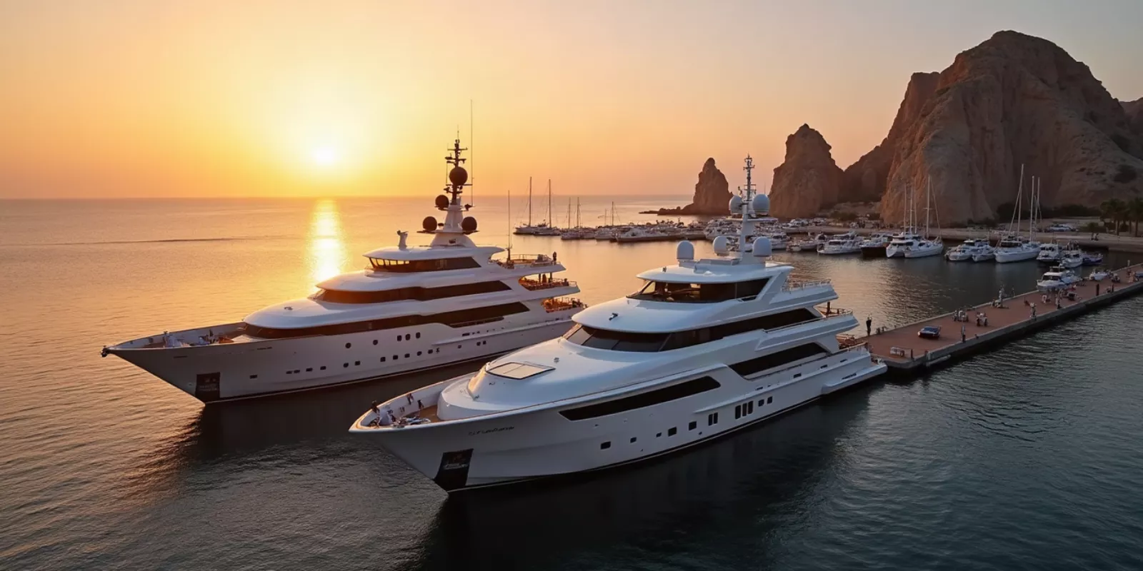 Superyachts docked at the Cabo San Lucas marina at sunset