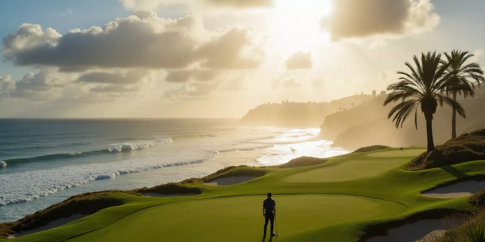 Golfers on an oceanfront championship course during a golf tournament in Los Cabos, Mexico