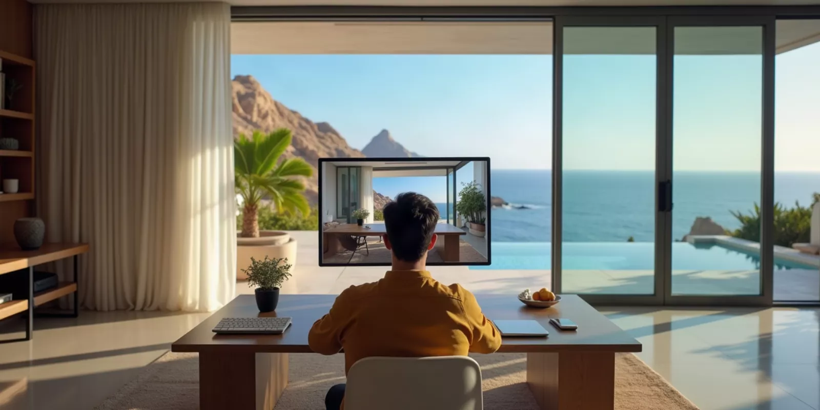 Remote worker on a video call from a luxury home office in Los Cabos, Mexico