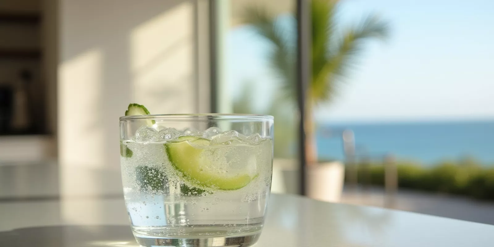 Glass of filtered water in the kitchen of a luxury home in Los Cabos, Mexico