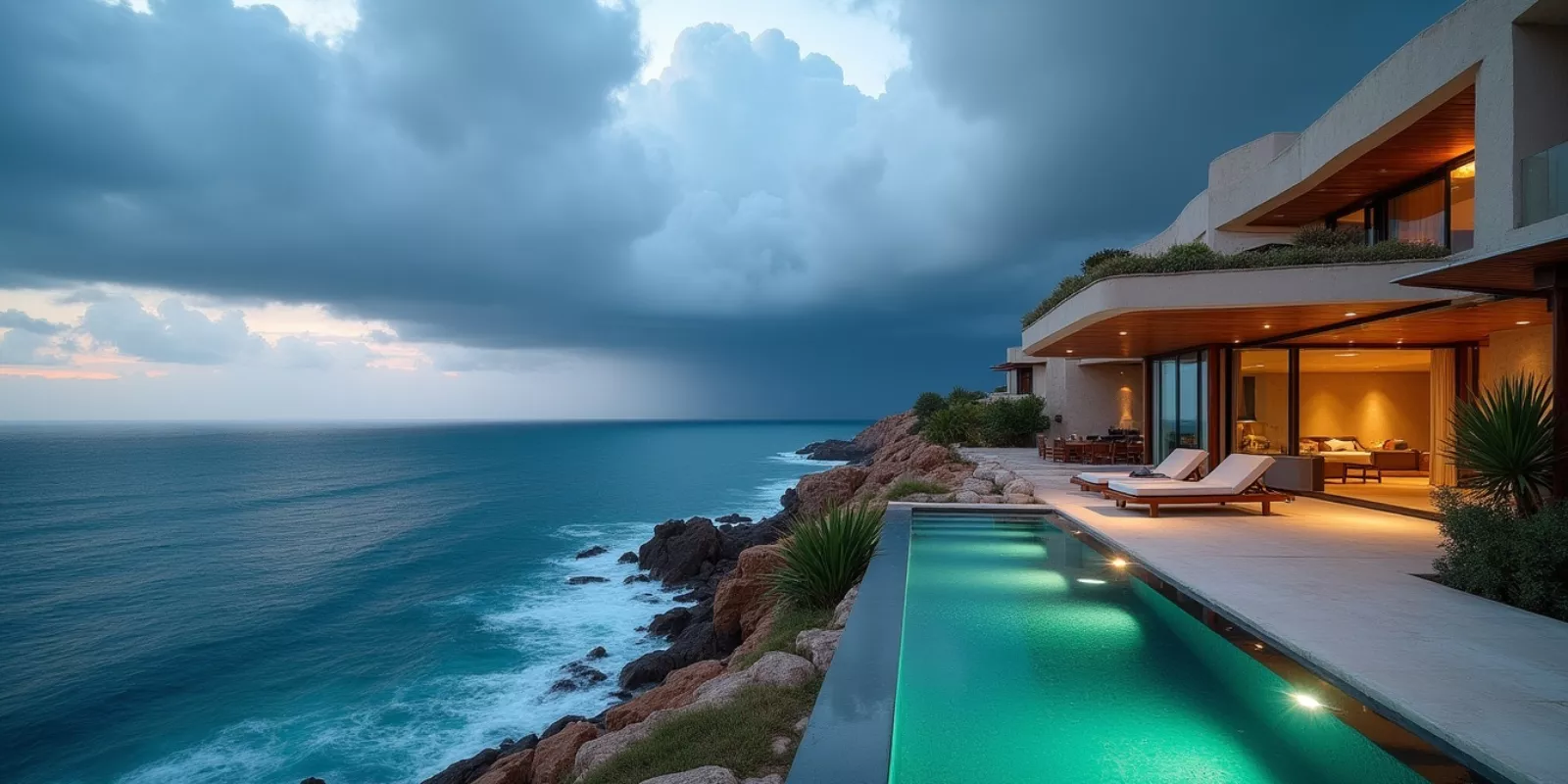 Luxury oceanfront home in Los Cabos, Mexico, with storm clouds over the Pacific