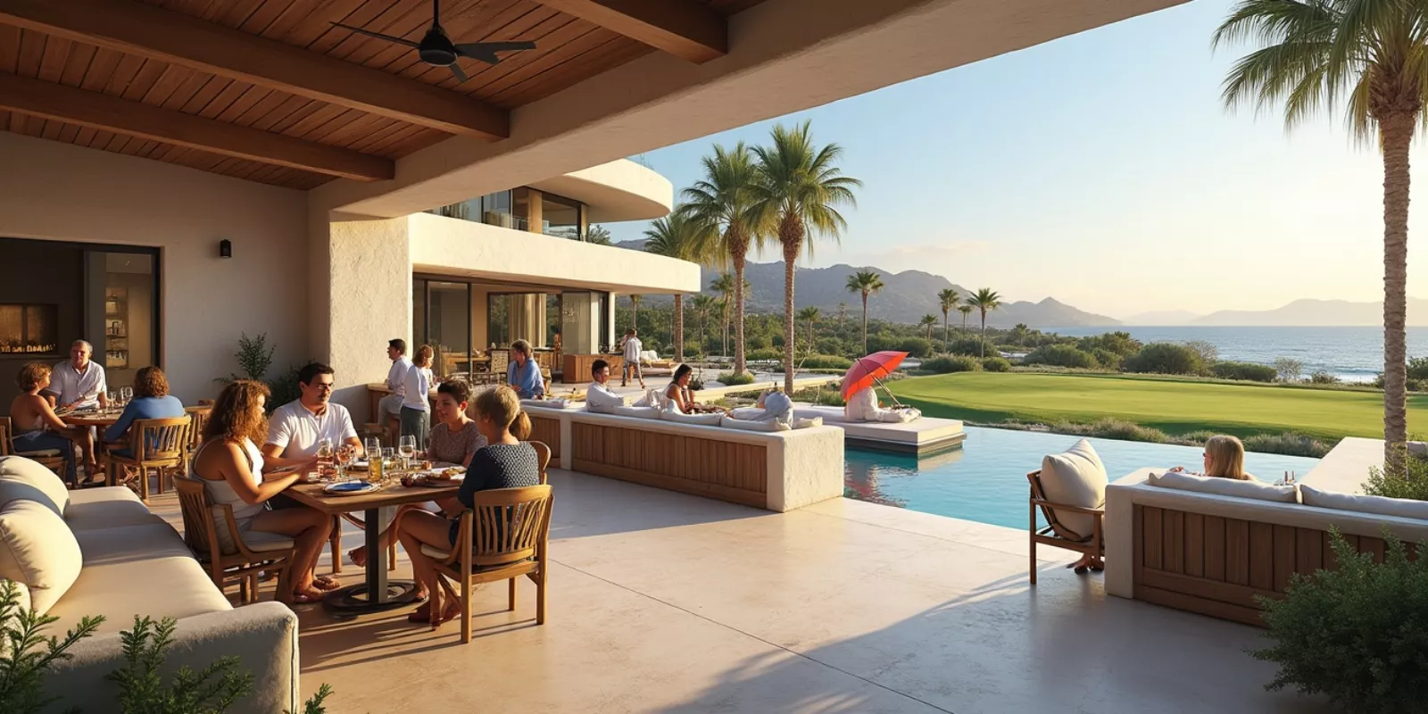 American expats socializing at a golf clubhouse in Los Cabos, Mexico