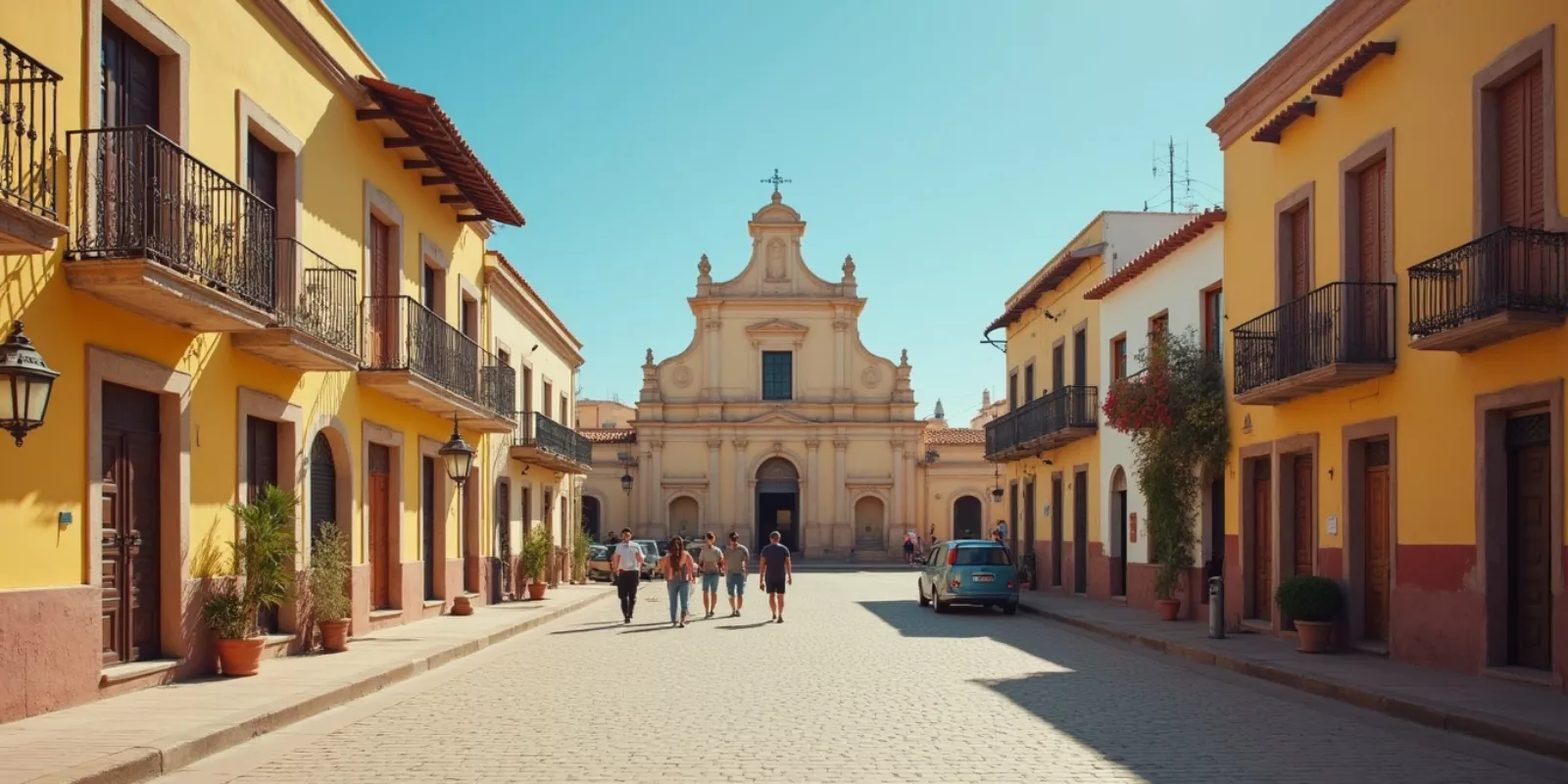Colonial downtown San José del Cabo Mexico with galleries and church plaza