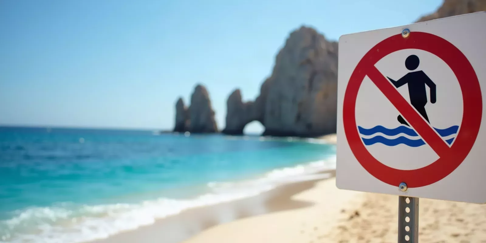 No swimming warning sign on a Los Cabos beach, what U.S. expats from California, Texas and Arizona need to know before swimming in Cabo